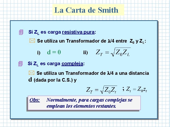 La Carta de Smith 4 Si ZL es carga resistiva pura: * Se utiliza La Carta de Smith 4 Si ZL es carga resistiva pura: * Se utiliza