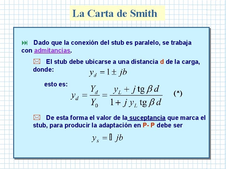 La Carta de Smith : Dado que la conexión del stub es paralelo, se La Carta de Smith : Dado que la conexión del stub es paralelo, se
