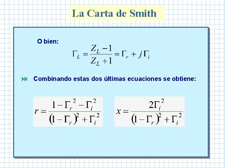 La Carta de Smith O bien: : Combinando estas dos últimas ecuaciones se obtiene: La Carta de Smith O bien: : Combinando estas dos últimas ecuaciones se obtiene: