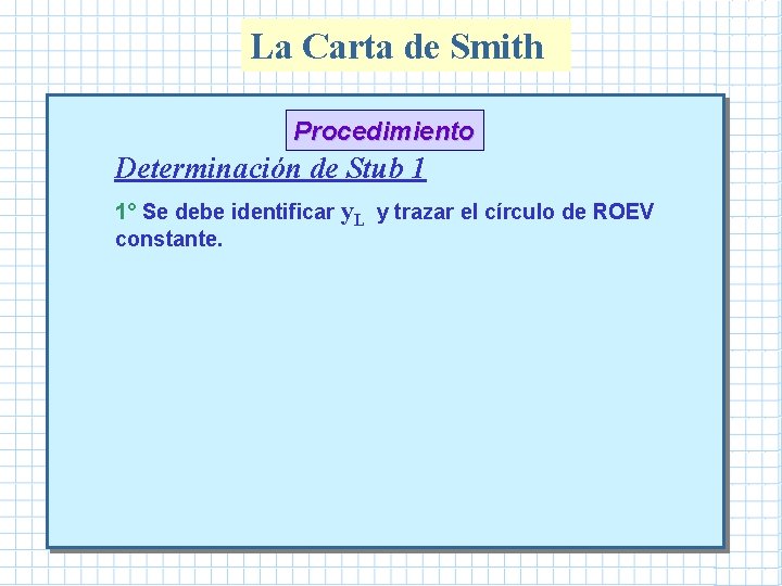 La Carta de Smith Procedimiento Determinación de Stub 1 1° Se debe identificar y. La Carta de Smith Procedimiento Determinación de Stub 1 1° Se debe identificar y.