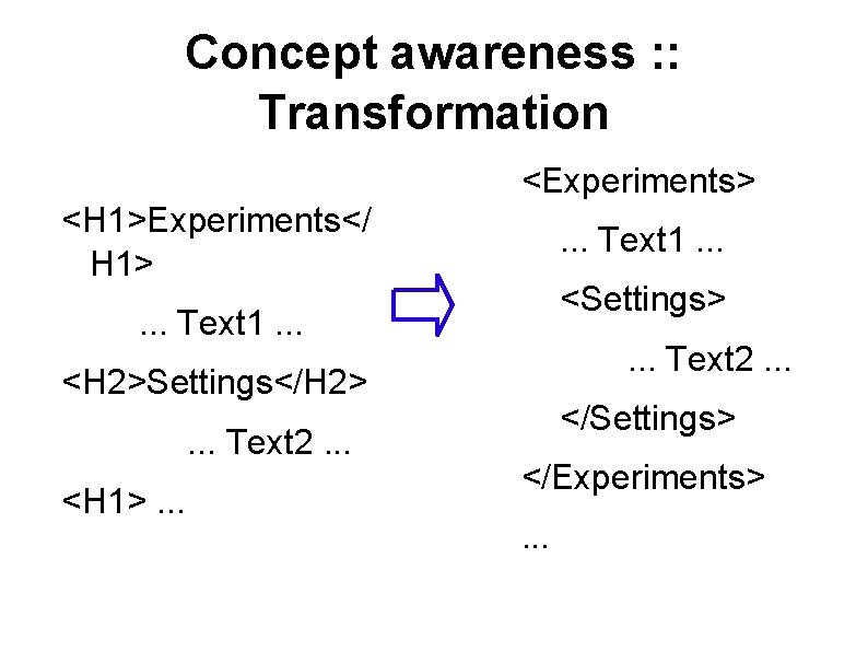 Concept awareness : : Transformation <Experiments> <H 1>Experiments</ H 1> . . . Text