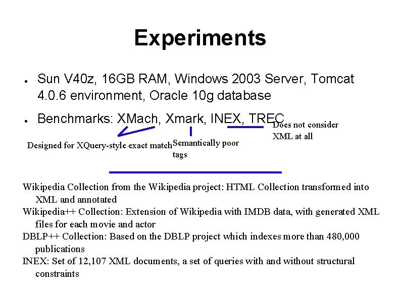 Experiments ● ● Sun V 40 z, 16 GB RAM, Windows 2003 Server, Tomcat