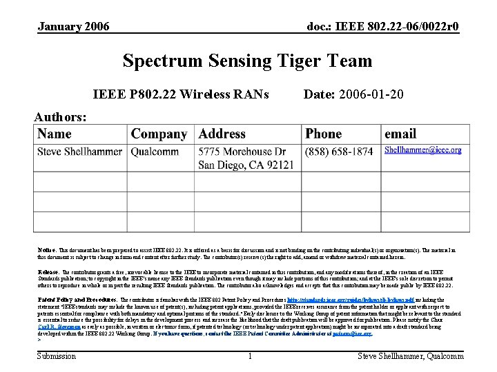 January 2006 doc. : IEEE 802. 22 -06/0022 r 0 Spectrum Sensing Tiger Team