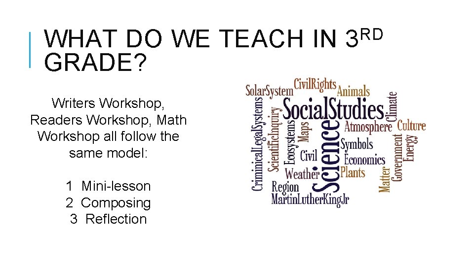 WHAT DO WE TEACH IN GRADE? Writers Workshop, Readers Workshop, Math Workshop all follow