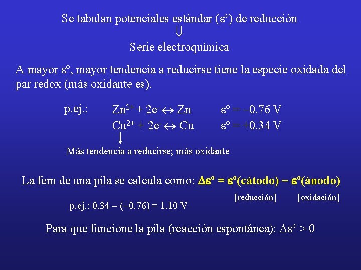 Se tabulan potenciales estándar (eº) de reducción ß Serie electroquímica A mayor eº, mayor