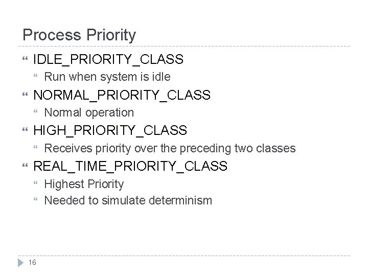 Process Priority IDLE_PRIORITY_CLASS NORMAL_PRIORITY_CLASS Normal operation HIGH_PRIORITY_CLASS Run when system is idle Receives priority