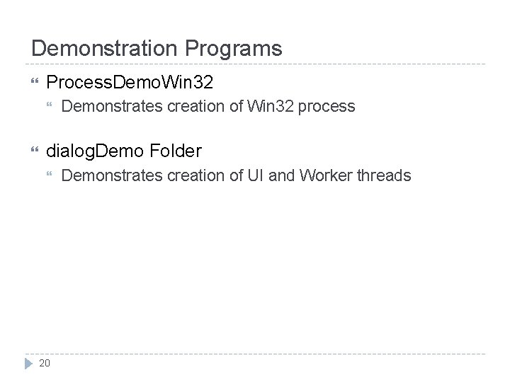 Demonstration Programs Process. Demo. Win 32 Demonstrates creation of Win 32 process dialog. Demo