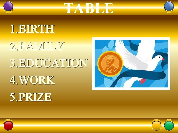 TABLE 1. BIRTH 2. FAMILY 3. EDUCATION 4. WORK 5. PRIZE 12 