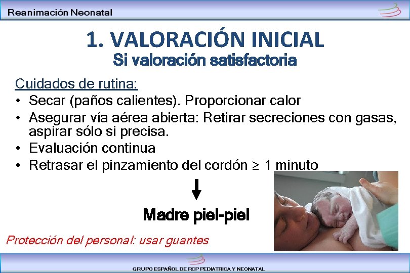 1. VALORACIÓN INICIAL Si valoración satisfactoria Cuidados de rutina: • Secar (paños calientes). Proporcionar