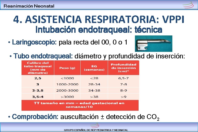 4. ASISTENCIA RESPIRATORIA: VPPI Intubación endotraqueal: técnica • Laringoscopio: pala recta del 00, 0