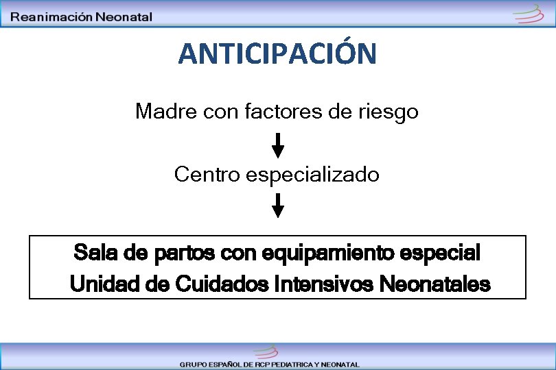 ANTICIPACIÓN Madre con factores de riesgo Centro especializado Sala de partos con equipamiento especial