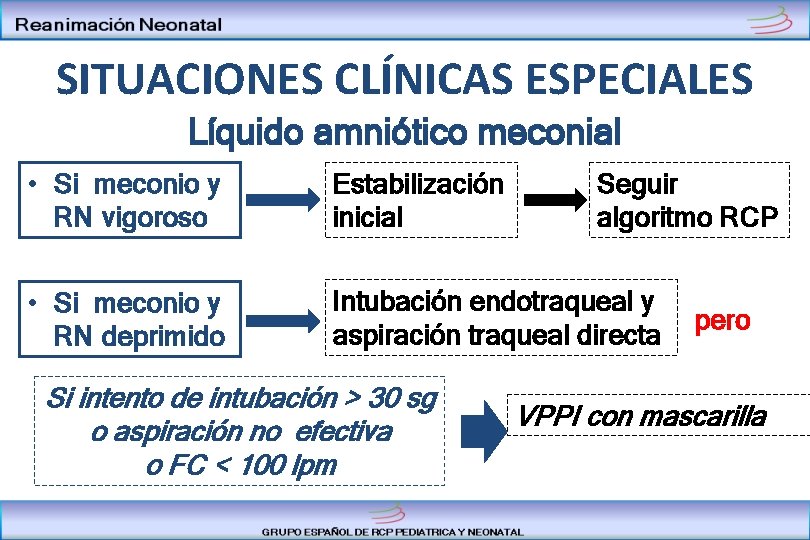 SITUACIONES CLÍNICAS ESPECIALES Líquido amniótico meconial • Si meconio y RN vigoroso Estabilización inicial