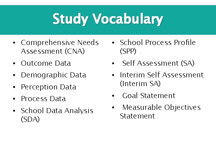 Study Vocabulary • Comprehensive Needs Assessment (CNA) • School Process Profile (SPP) • Outcome