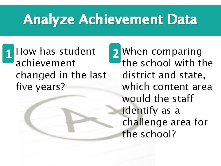 Analyze Achievement Data 1 How has student achievement changed in the last five years?
