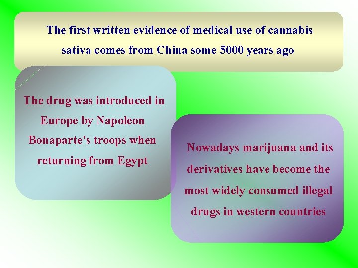 The first written evidence of medical use of cannabis sativa comes from China some The first written evidence of medical use of cannabis sativa comes from China some