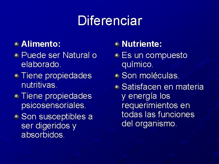 Diferenciar Alimento: Puede ser Natural o elaborado. Tiene propiedades nutritivas. Tiene propiedades psicosensoriales. Son