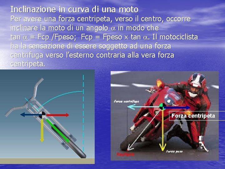 Inclinazione in curva di una moto Per avere una forza centripeta, verso il centro, Inclinazione in curva di una moto Per avere una forza centripeta, verso il centro,