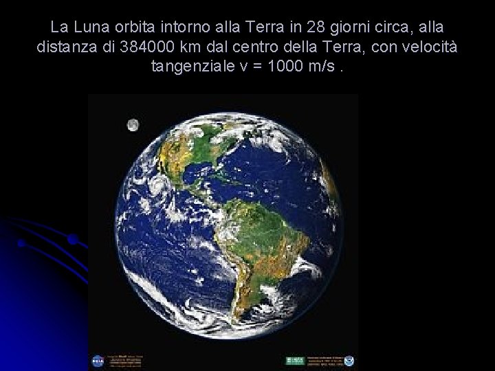 La Luna orbita intorno alla Terra in 28 giorni circa, alla distanza di 384000