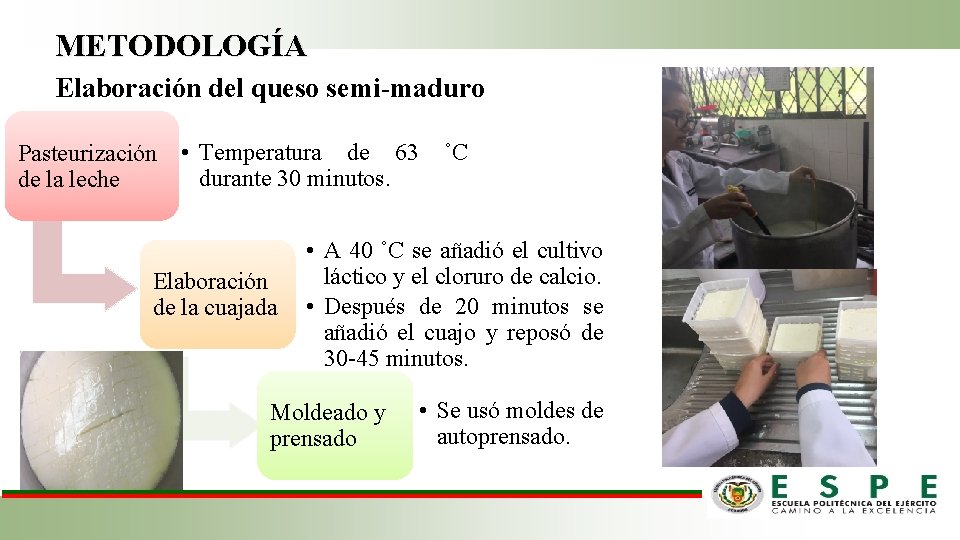 METODOLOGÍA Elaboración del queso semi-maduro Pasteurización de la leche • Temperatura de 63 durante