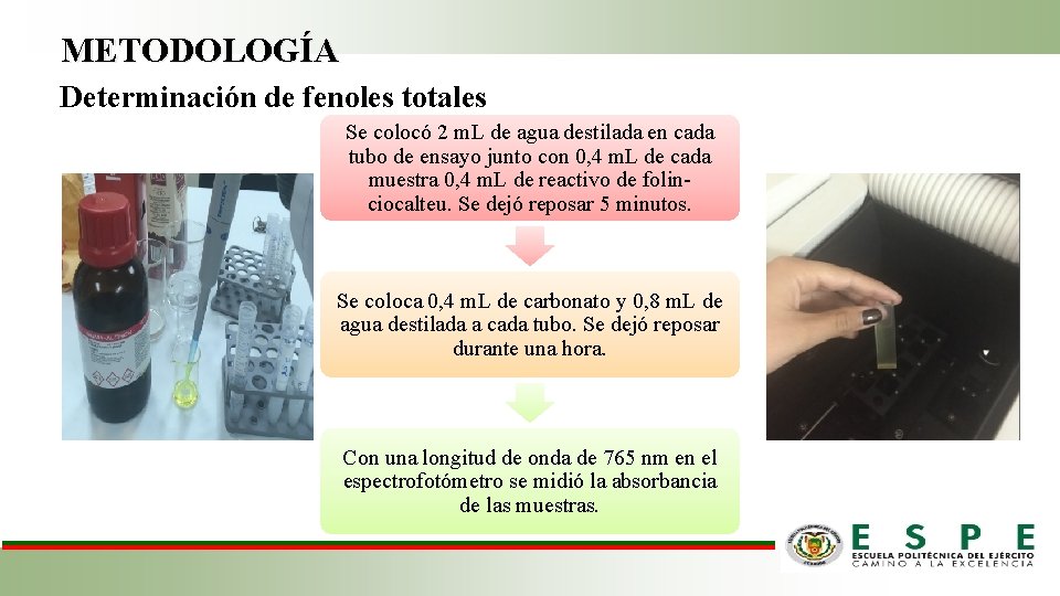 METODOLOGÍA Determinación de fenoles totales Se colocó 2 m. L de agua destilada en