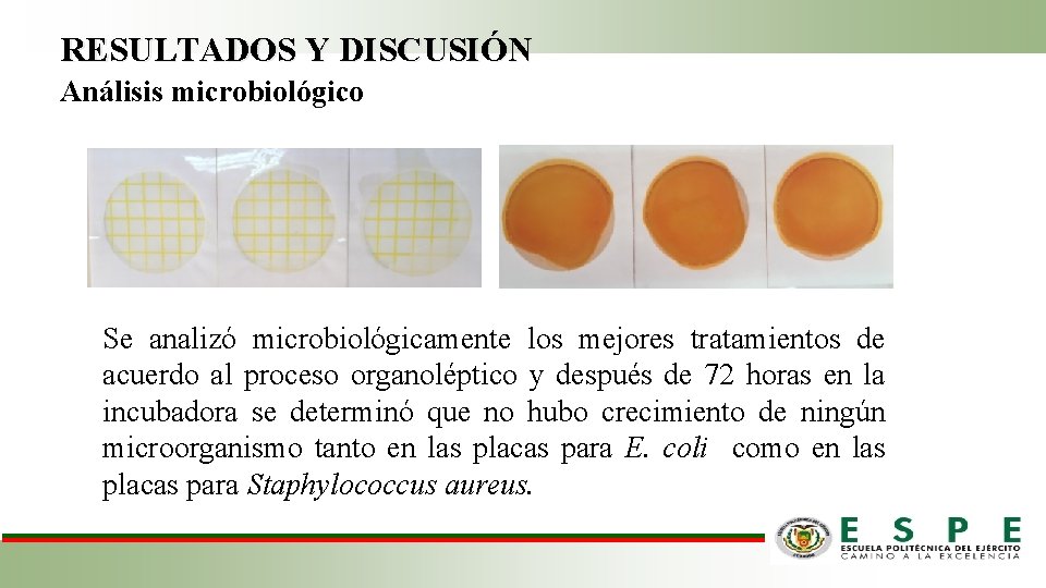 RESULTADOS Y DISCUSIÓN Análisis microbiológico Se analizó microbiológicamente los mejores tratamientos de acuerdo al