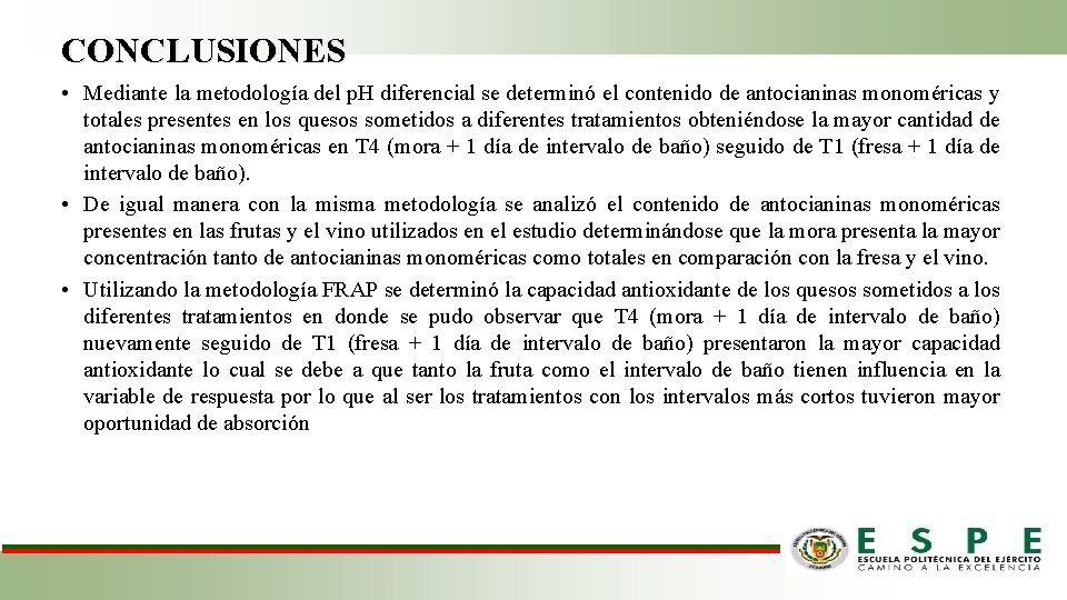 CONCLUSIONES • Mediante la metodología del p. H diferencial se determinó el contenido de