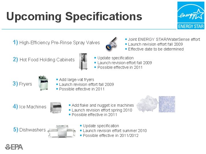 Upcoming Specifications 1) High-Efficiency Pre-Rinse Spray Valves 2) Hot Food Holding Cabinets 3) Fryers