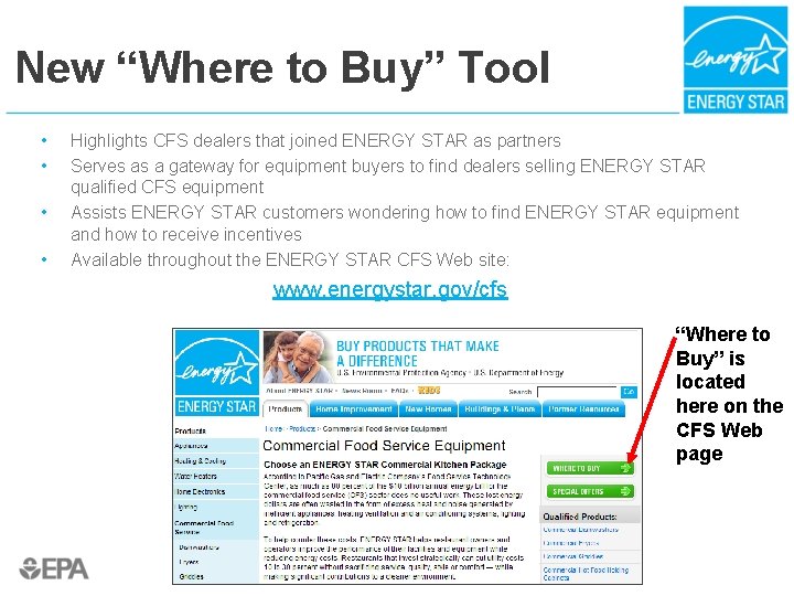 New “Where to Buy” Tool • • Highlights CFS dealers that joined ENERGY STAR