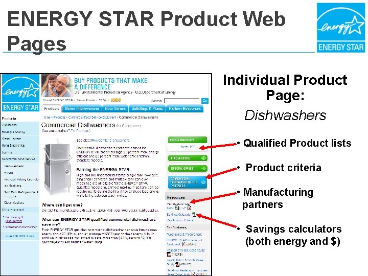 ENERGY STAR Product Web Pages Individual Product Page: Dishwashers • Qualified Product lists •