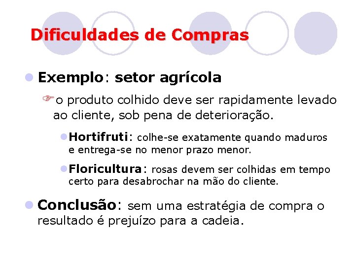 Dificuldades de Compras l Exemplo: setor agrícola Fo produto colhido deve ser rapidamente levado