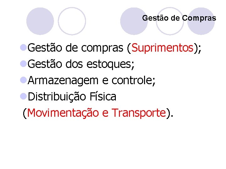Gestão de Compras l. Gestão de compras (Suprimentos); l. Gestão dos estoques; l. Armazenagem