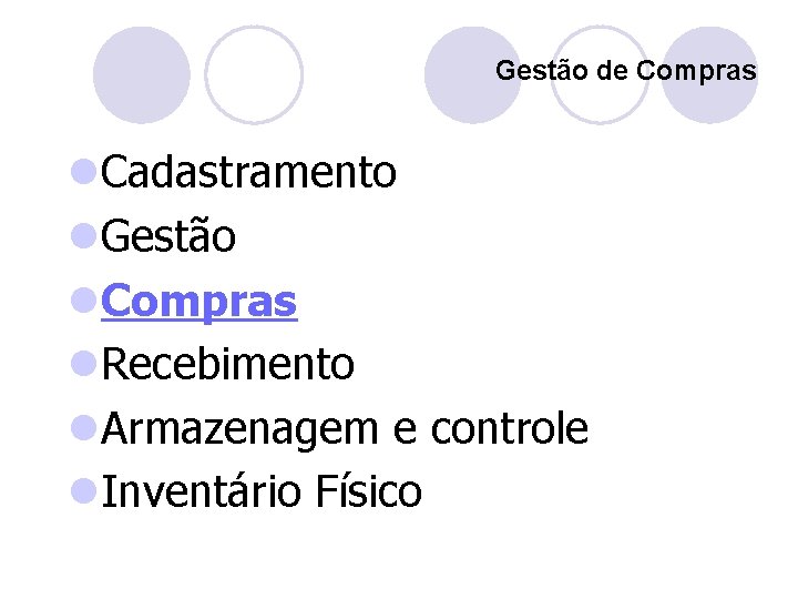 Gestão de Compras l. Cadastramento l. Gestão l. Compras l. Recebimento l. Armazenagem e