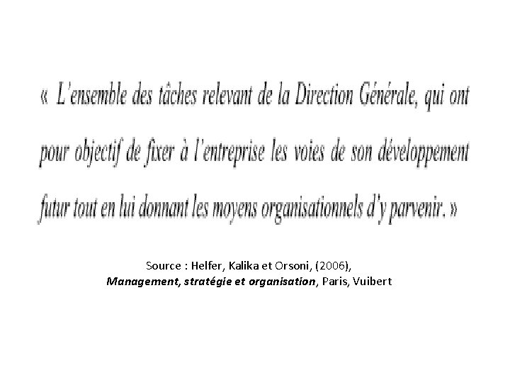 Source : Helfer, Kalika et Orsoni, (2006), Management, stratégie et organisation, Paris, Vuibert 