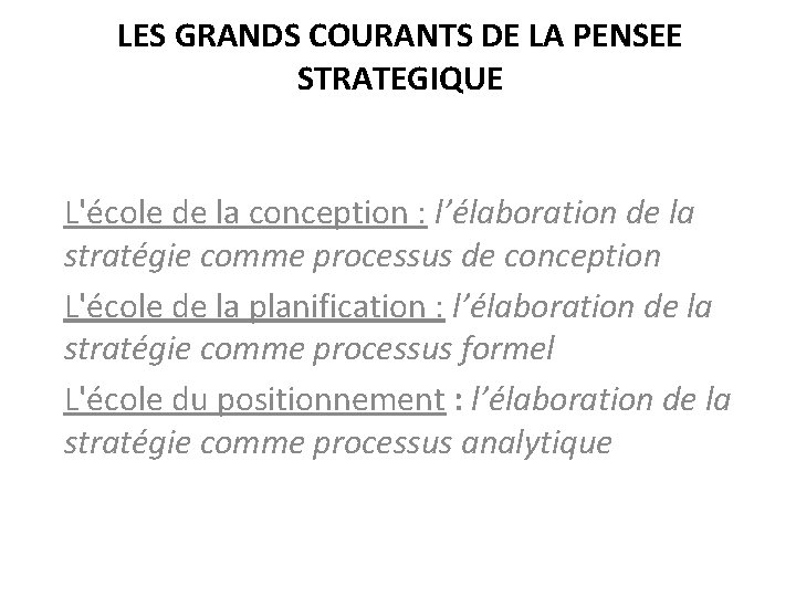 LES GRANDS COURANTS DE LA PENSEE STRATEGIQUE L'école de la conception : l’élaboration de