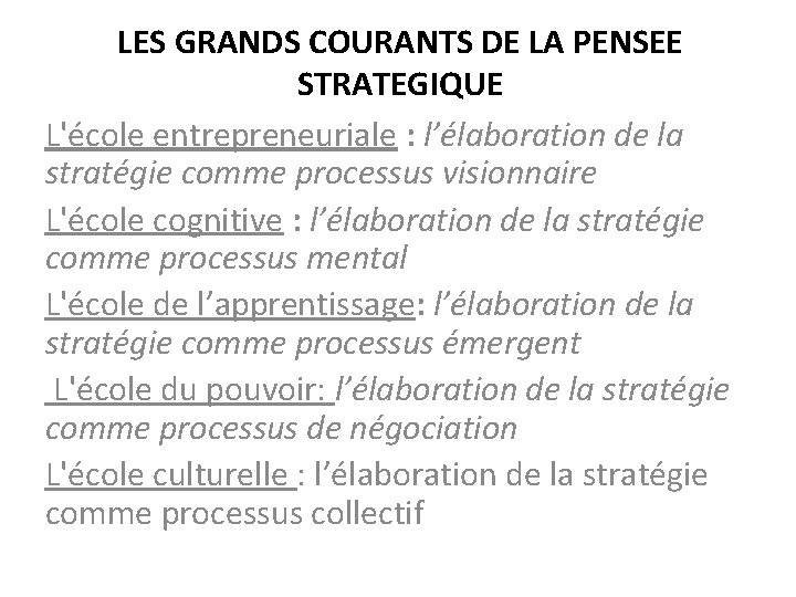 LES GRANDS COURANTS DE LA PENSEE STRATEGIQUE L'école entrepreneuriale : l’élaboration de la stratégie