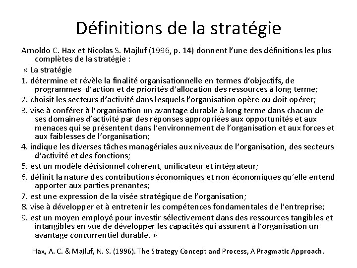 Définitions de la stratégie Arnoldo C. Hax et Nicolas S. Majluf (1996, p. 14)