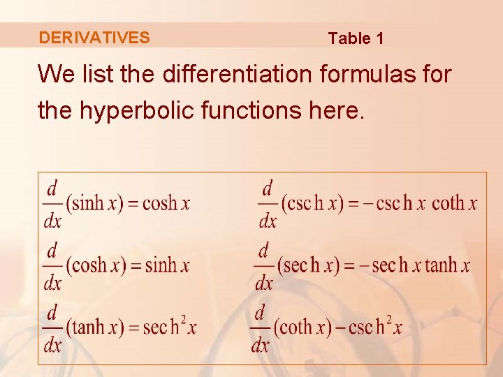 DERIVATIVES Table 1 We list the differentiation formulas for the hyperbolic functions here. DERIVATIVES Table 1 We list the differentiation formulas for the hyperbolic functions here.