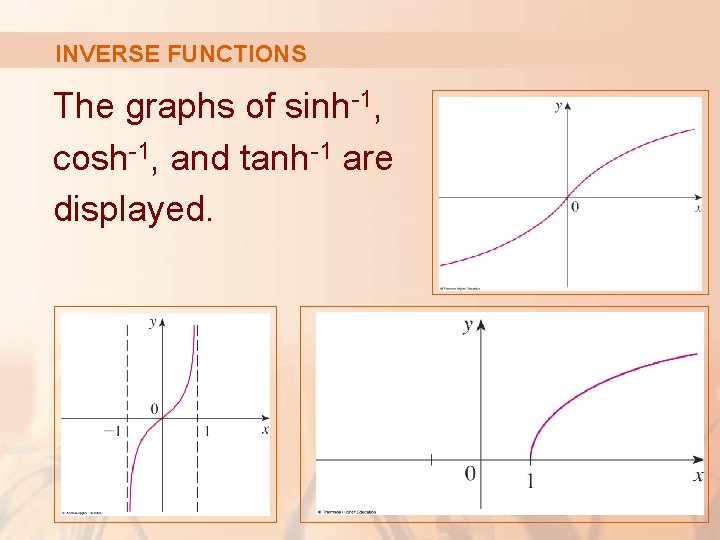INVERSE FUNCTIONS The graphs of sinh-1, cosh-1, and tanh-1 are displayed. INVERSE FUNCTIONS The graphs of sinh-1, cosh-1, and tanh-1 are displayed.