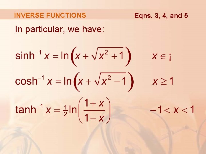 INVERSE FUNCTIONS In particular, we have: Eqns. 3, 4, and 5 INVERSE FUNCTIONS In particular, we have: Eqns. 3, 4, and 5