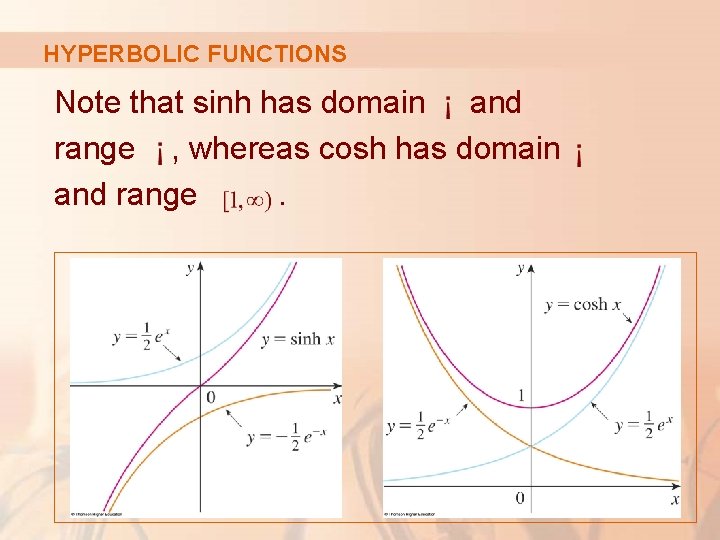 HYPERBOLIC FUNCTIONS Note that sinh has domain and range , whereas cosh has domain HYPERBOLIC FUNCTIONS Note that sinh has domain and range , whereas cosh has domain