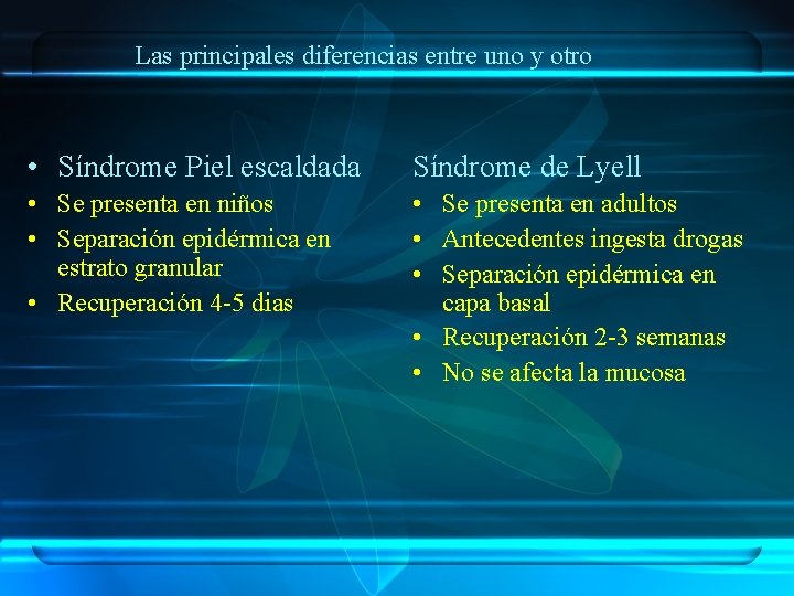 Las principales diferencias entre uno y otro • Síndrome Piel escaldada Síndrome de Lyell