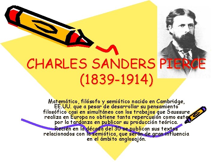 CHARLES SANDERS PIERCE (1839 -1914) Matemático, filósofo y semiótico nacido en Cambridge, EE. UU.