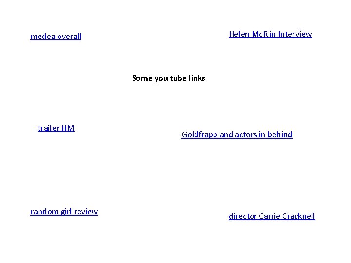 Helen Mc. R in Interview medea overall Some you tube links trailer HM random