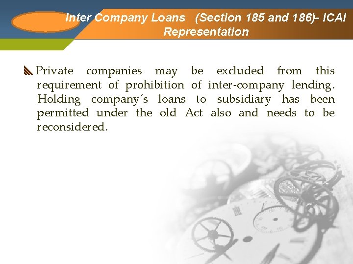 Inter Company Logo Company Loans (Section 185 and 186)- ICAI Representation Private companies may