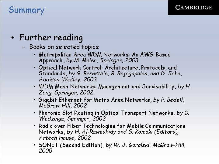 Summary • Further reading – Books on selected topics • Metropolitan Area WDM Networks: