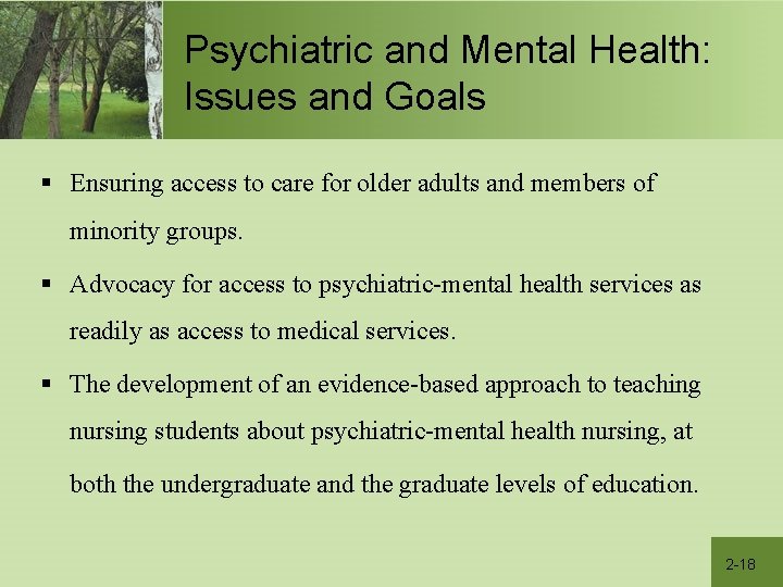 Psychiatric and Mental Health: Issues and Goals § Ensuring access to care for older