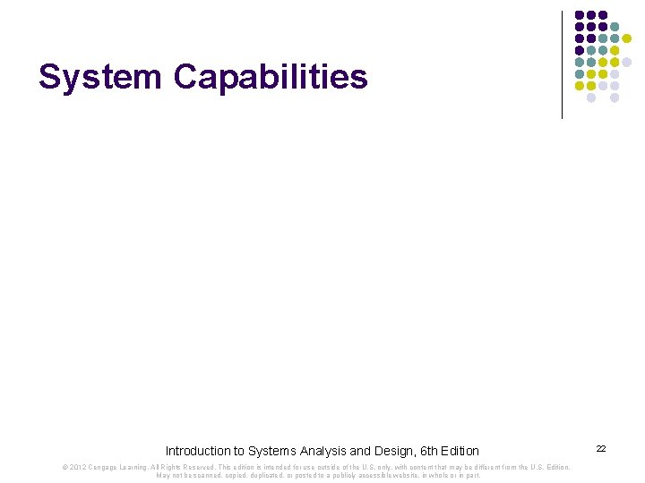 System Capabilities Introduction to Systems Analysis and Design, 6 th Edition © 2012 Cengage