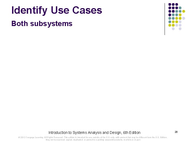 Identify Use Cases Both subsystems Introduction to Systems Analysis and Design, 6 th Edition