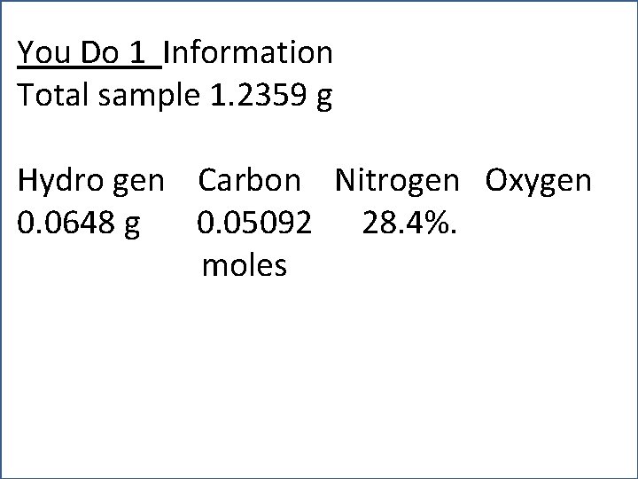 You Do 1 Information Total sample 1. 2359 g Hydro gen Carbon Nitrogen Oxygen