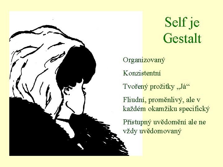 Self je Gestalt Organizovaný Konzistentní Tvořený prožitky „Já“ Fliudní, proměnlivý, ale v každém okamžiku